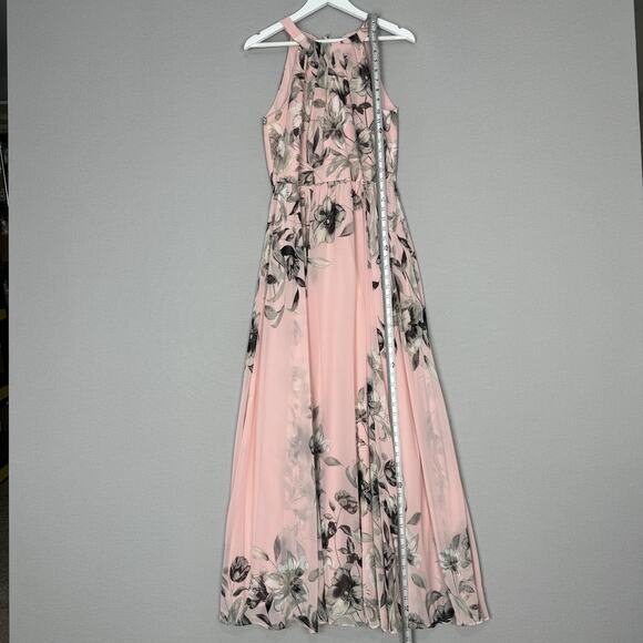 Eliza J Dress Womens 10 Pink Floral Belted Chiffon Halter Maxi Wedding Guest - Picture 4 of 15